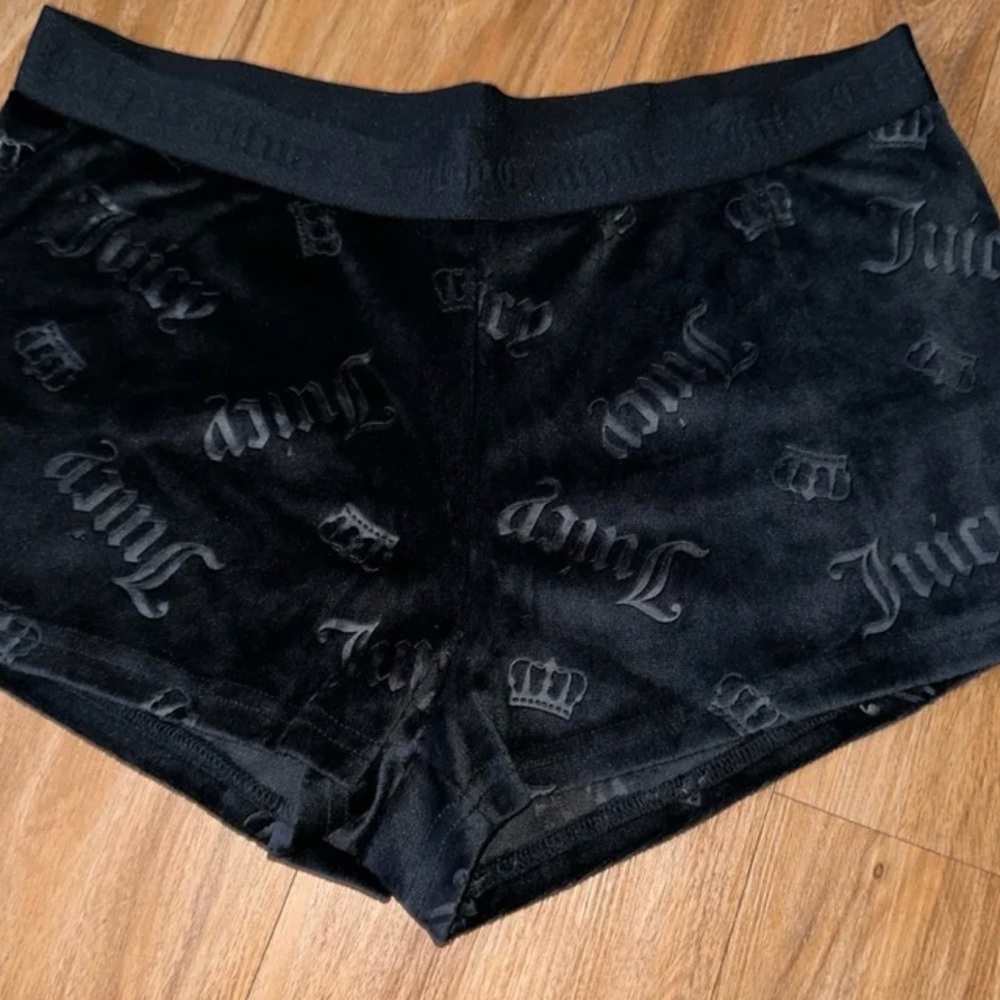 Juicy Couture Black Velour Lounge Shorts w/ Tonal Monogram Logo Print, size XL
